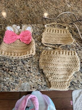 Handmade Kids Crochet Beige deer Outfit with Pink Bow